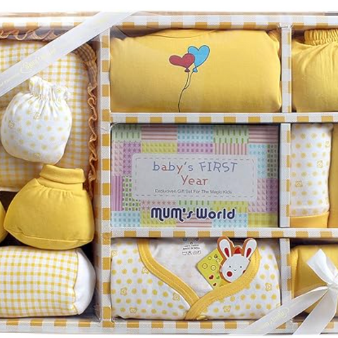 Newborn Baby Products Gift Set (13 Pcs), Essential Clothing Gift Kit For Infants Of 0-3 Years, Swaddles, Bibs, Cap, Booties, Mittens & Washcloths, Ideal Baby Shower Gift Pack