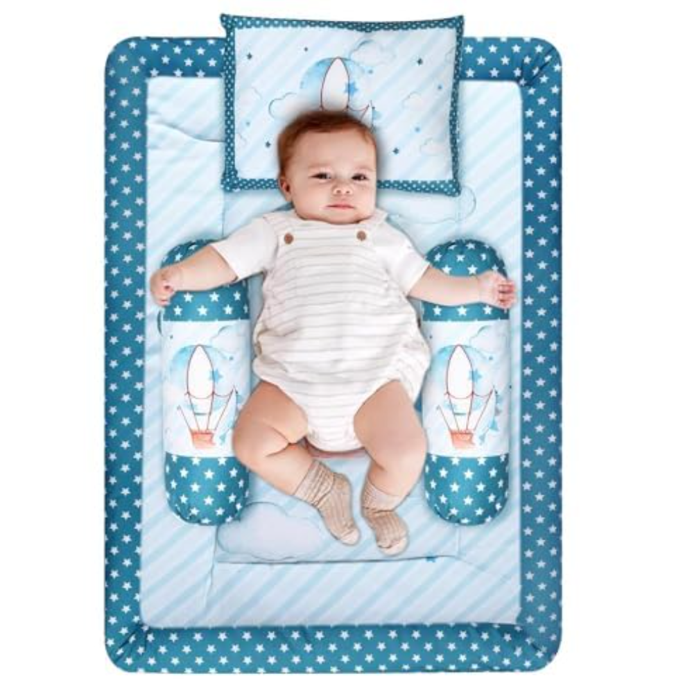 Baby Bed New Born Baby Bedding Set Mattress | Cotton | Baby Beds | Carry Bed | Gadda Set | Essentials | New Born Girls & Boys (0-9 Months) (P-Blue PARASHOOT)