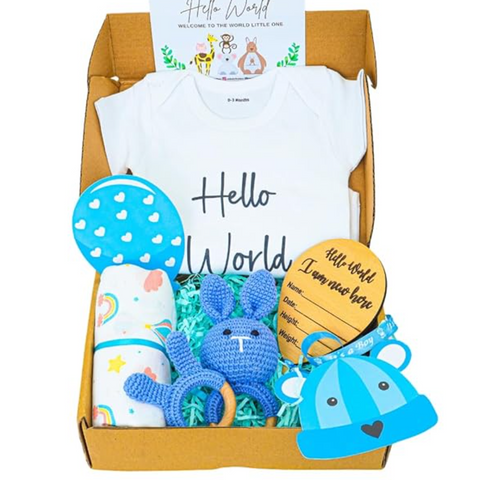 The Baby First Box New Born Newborn Bundle: Onesie, Muslin Swaddle, Crochet Rattle and Baby Announcement Plaque | Baby Shower Gifts | Baby Gift Hamper | Pack of 5