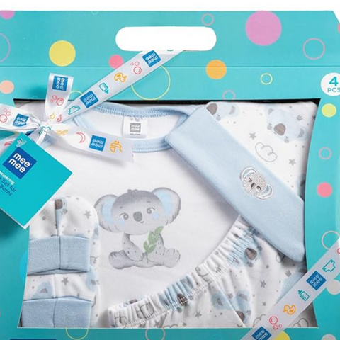 New Born Baby Gift Set | Soft Cotton Clothing Essentials for Infants/Baby Girls, Boys | Baby Shower Clothing Hamper (4 Pieces, Blue)| Ideal Gift for New Born Baby