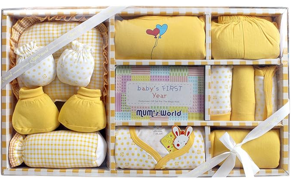 Newborn Baby Products Gift Set (13 Pcs), Essential Clothing Gift Kit For Infants Of 0-3 Years, Swaddles, Bibs, Cap, Booties, Mittens & Washcloths, Ideal Baby Shower Gift Pack