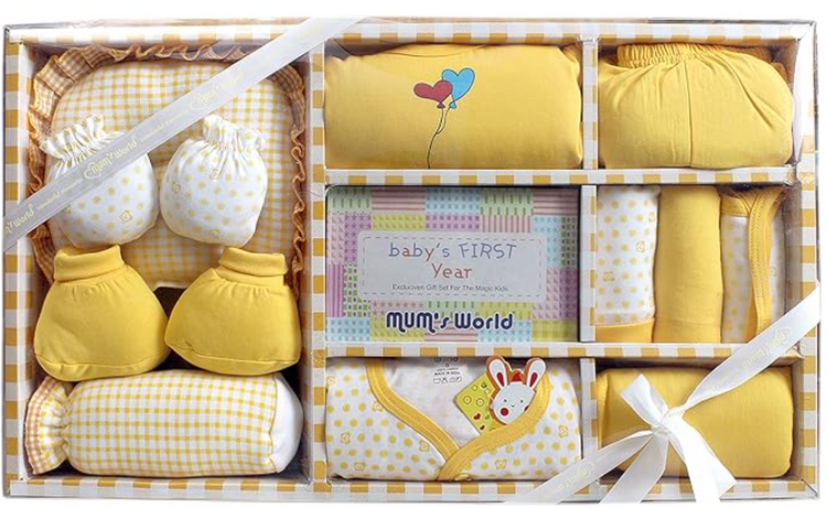 Newborn Baby Products Gift Set (13 Pcs), Essential Clothing Gift Kit For Infants Of 0-3 Years, Swaddles, Bibs, Cap, Booties, Mittens & Washcloths, Ideal Baby Shower Gift Pack