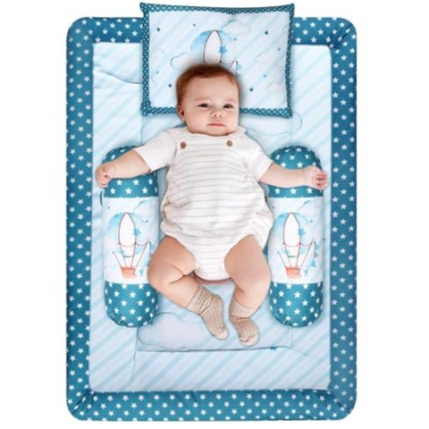 Baby Bed New Born Baby Bedding Set Mattress | Cotton | Baby Beds | Carry Bed | Gadda Set | Essentials | New Born Girls & Boys (0-9 Months) (P-Blue PARASHOOT)